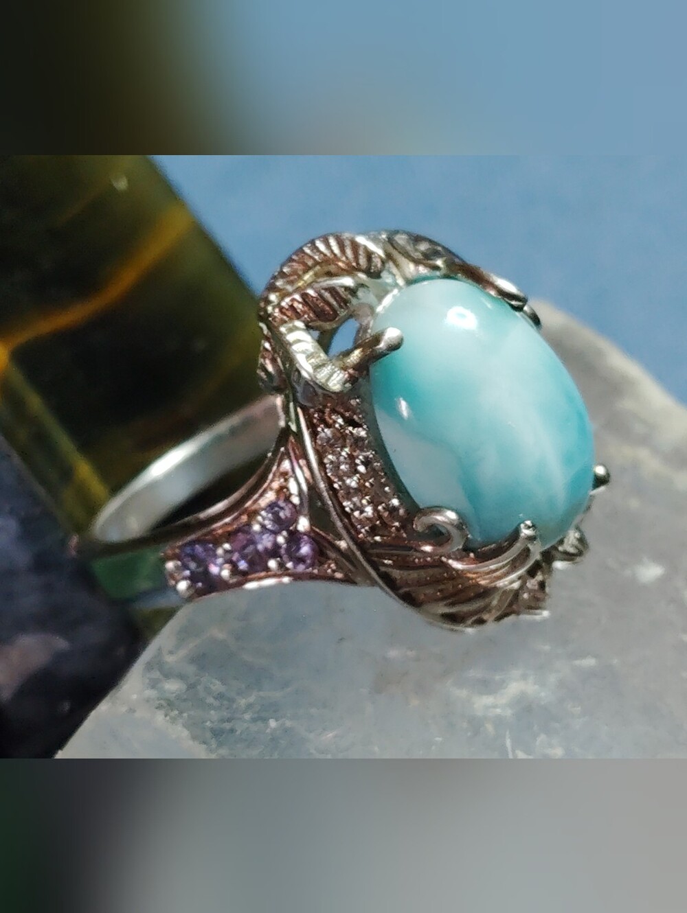 LARIMAR,TANZANITE & ZIRCON. SNAKE MOTIF. SOLID STERLING SIZE 9
